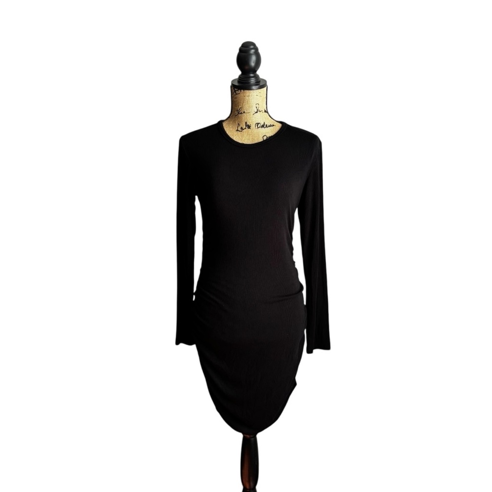 Black Ruched Long Sleeve Bodycon Dress Size Large 10 0495